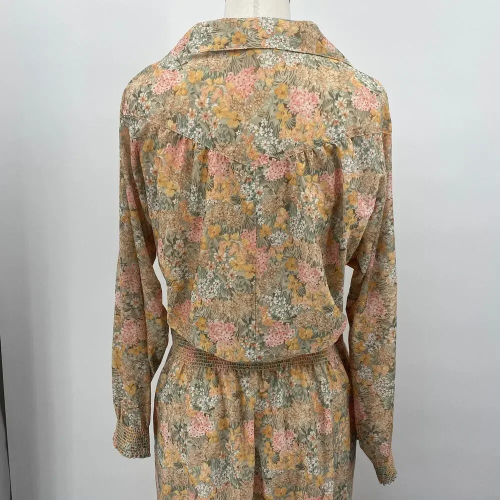 Vintage 70s Floral Print Shirtdress Long Sleeve Tie Waist Blouson Midi Dress M - Picture 8 of 11